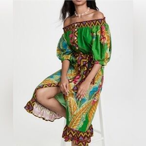 FARM RIO Green Pink Tropical Banana Leaves Belted Off The Shoulder Linen Dress